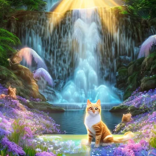 Prompt: Golden tuxedo tabby cat with white dipped paws and angel wings in field of flowers next to enchanted waterfall 