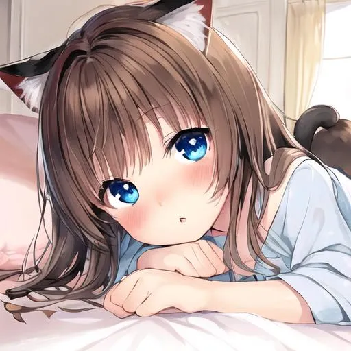 Prompt: a cute portrait of a cat with brown hair and blue eyes and light blush and laying on a bed