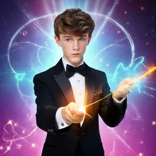 Prompt: Attractive  16 year old boy in a tuxedo pointing his magic wand casting a sparkly magic spell