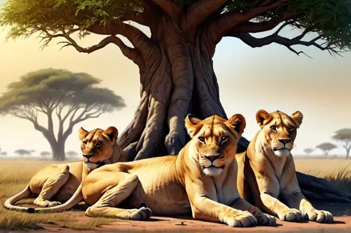 Prompt: Full-body, Fantasy Illustration of a band of three female lioness resting under a tree, RPG-fantasy, intense, detailed, atmospheric, savanna background, hyperrealistic 