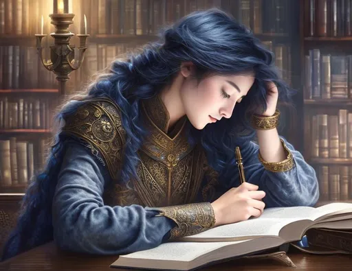 Prompt: A beautiful student lady studies alone at night before a difficult exam in the Dark Academia study room. It's the perfect time for deep focus. Lighting: diffuse night light and the light circle of an old desk lamp. Luis Royo, highly detailed work, dark blue ink and gold watercolor. Hyperrealistic, splash art, concept art, mid shot, intricately detailed, color depth, dramatic, 2/3 face angle,