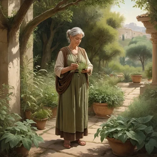 Prompt: 60 year old woman, herbalist picking plants in nature, antique scene, with historical details, 1st century, Roman tunics, painting style