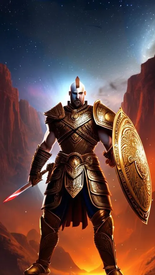 Prompt: Greek God Mars, god of war, in Trojan shining bronze armour, raised broad sword, shield in front of body, breastplate, slim muscular physique, full body length, attacking pose, night lighting, galaxy sky background, high resolution, 4K