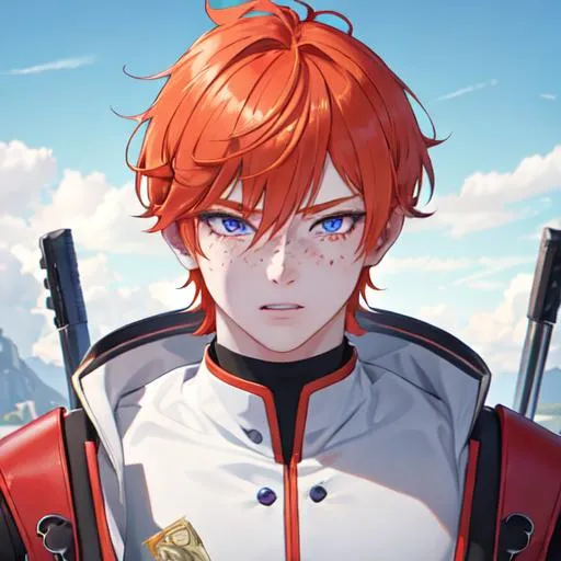 Prompt: Erikku male (short ginger hair, freckles, right eye blue left eye purple) muscular, UHD, 8K, Highly detailed, insane detail, best quality, high quality.  holding dollar bills, wearing clothes
