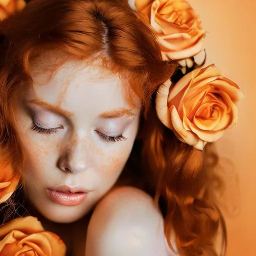 Prompt: pale skinned , auburn woman with a pale orange background and yellow and peach roses,close up