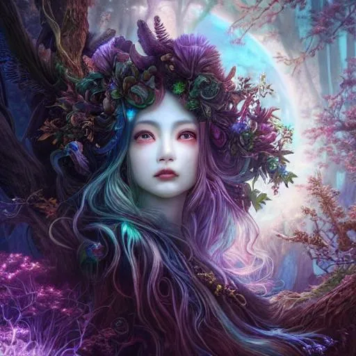 Prompt: A portrait of forest spirit, an intricate and hyperdetailed matte painting by yoshitaka amano , magali villenueve, Anna Dittmann , fantasy art, movie poster, celestial, vaporwave, symmetrical face, accurate anatomy, ethereal, sunshine rays filmic holographic digital illustration concept art pixiv  volumetric lighting 8k  cel-shaded