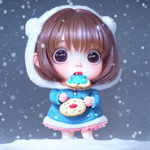 Prompt: Girl enjoying Milk and Cookies HD 3D Cinema 4D 8k Render :: (( a cute chibi girl with huge adorable eyes standing in the snow eating a cookie )) :: Hsiao Ron Cheng + Mark Ryden :: storybook illustration :: chibi portrait :: cute :: chibi :: 3D :: 8K :: UHD :: 64 megapixels