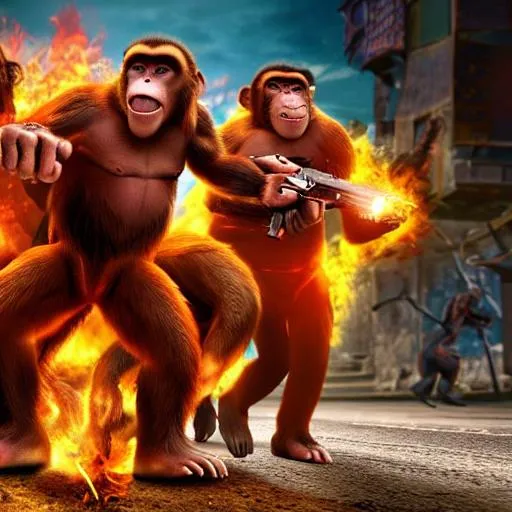 Prompt: A big, angry monkey with 4 arms, each one holding a gun. Fiery background with people running away. Non colorful style with 4K resolution