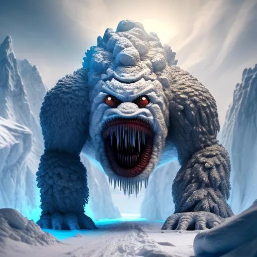 Prompt: the abominable snow monster --no trending on artstation --no stylize --ar 8:11 ray tracing light pillars, highly detailed, symmetrical, mountainous background, stop motion, 