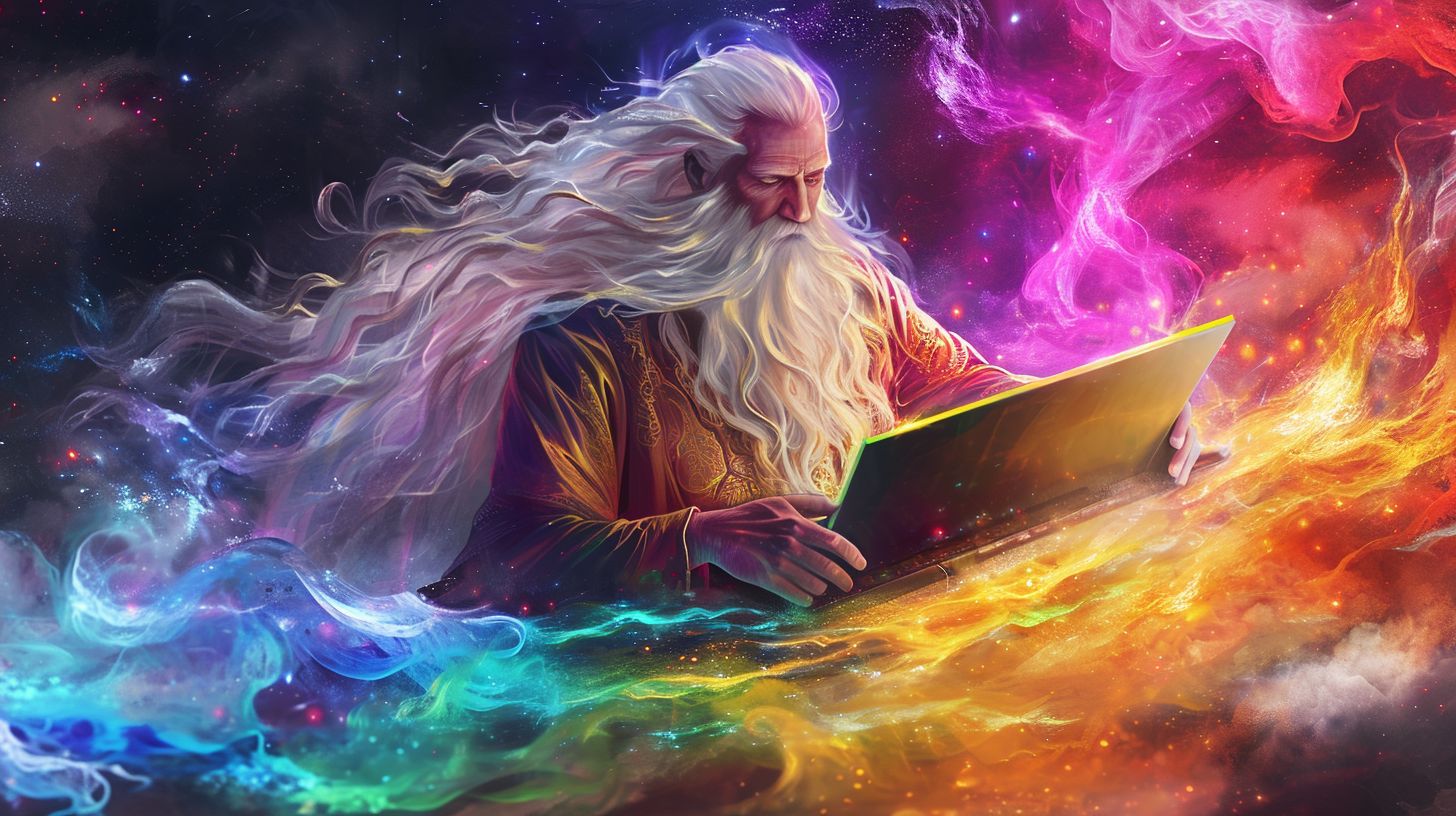 Prompt: a golden godlike man with white flowing hair looking over his kingdom from ontop of his very rainbow colored very high tech PC laptop like a Laptop Lord --ar 9:16 --v 6.0