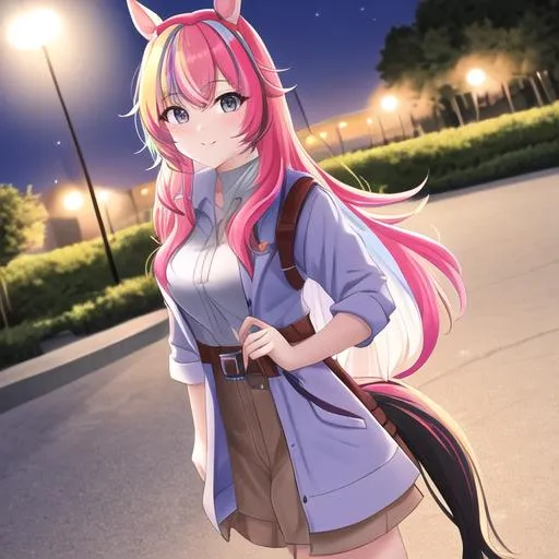 Prompt: Haley as a horse girl with bright multi-color hair, walking in the park at night




