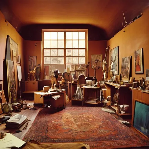 Prompt:  inside artist studio,london color image, 1960, obssed with camel
