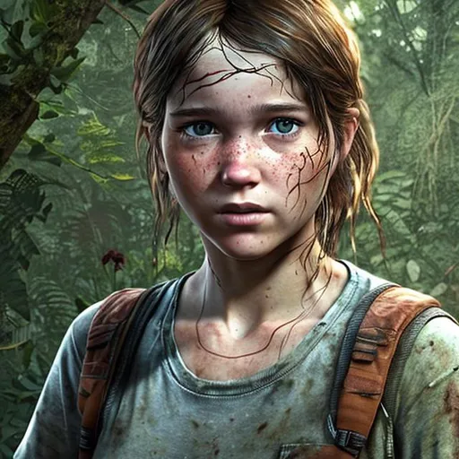 Prompt: "Please generate an AI-generated art representation of Sarah Miller from The Last of Us video game with blonde hair. Sarah Miller is a young girl with a fair complexion. Her hair is shoulder-length and naturally blonde, with a slight wave. The blonde color should be a medium shade, not too light or too dark. The hair should have some natural highlights and appear soft and glossy. It should be styled in a casual manner, with some loose strands framing her face. The hairstyle should complement her facial features and maintain a sense of realism, in line with the game's art style