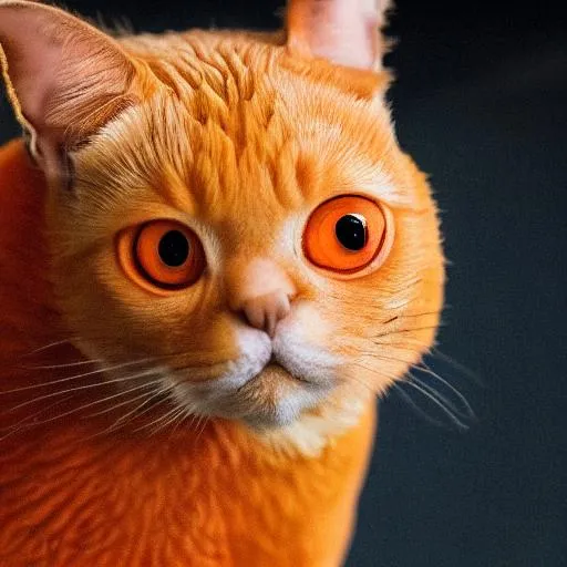 Prompt: An orange tabby with red stars eyes that is facing the camera.