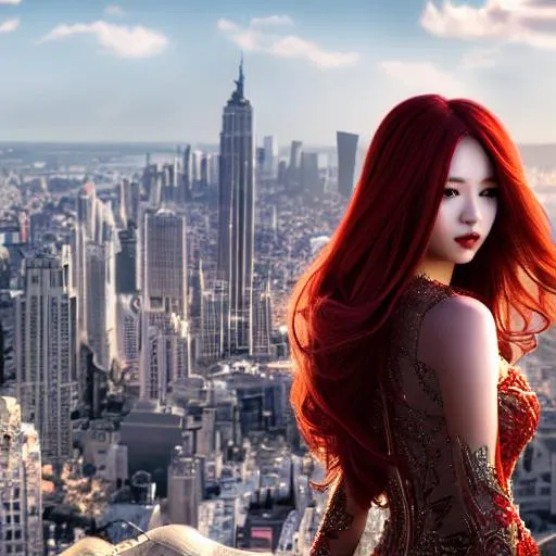 Prompt: Jennie, girl, red hair, gold eyes, full body, married dresses, city with buildings, high resolution, realistic art, ultra detailed face, concept art, high quality, detailed, best quality 8kconcept art, matte painting, HQ, 4k