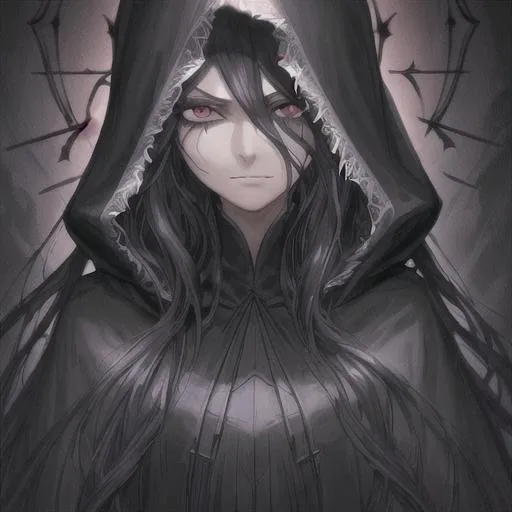 Prompt: medium-shot portrait of sorcerer, detailed face, detailed anime eyes, dark eyes, black hair, ((long hair)), sinister, robes, hood up, top half face covered, masterpiece digital painting, center frame, looking at camera, soft diffused lighting, artstation, pixiv