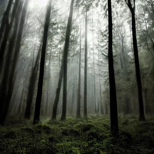 Prompt: A ray of light through a gloomy forest