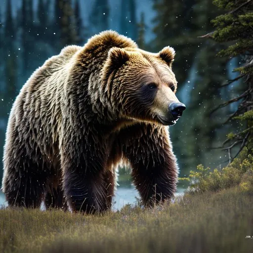 Prompt: highly detailed grizzly bear hunting in nature, highly detailed eyes, highly detailed bear fur, high resolution scan, 64k, view from below, UHD, HDR, hyper realistic, canon EOS R5, canon EF 200mm f/5.0 ii, unreal engine, mountain context, 3D illustration, crystal clear eyes, epic composition, epic proportion, 
highly detailed environment
