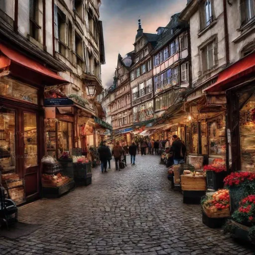 Prompt: european market street, photography, beautiful scenery