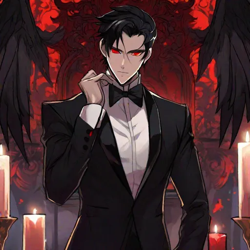 Prompt: Damien  (male, short black hair, red eyes) demon form, wearing a tuxedo, standing at the altar, biting his lip seductively, close up