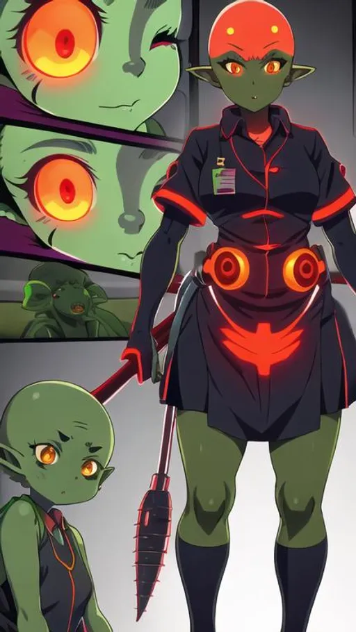 Prompt: goblin girl in nurse uniform, full view, green skin, glowing orange eyes, bald, no hair, sfw, cute, skin patches