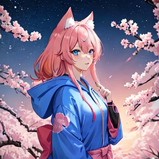 Prompt: Japan as a female human, 8k, UHD,  highly detailed, pink hair, blue eyes, cat ears, wearing a hoodie, night