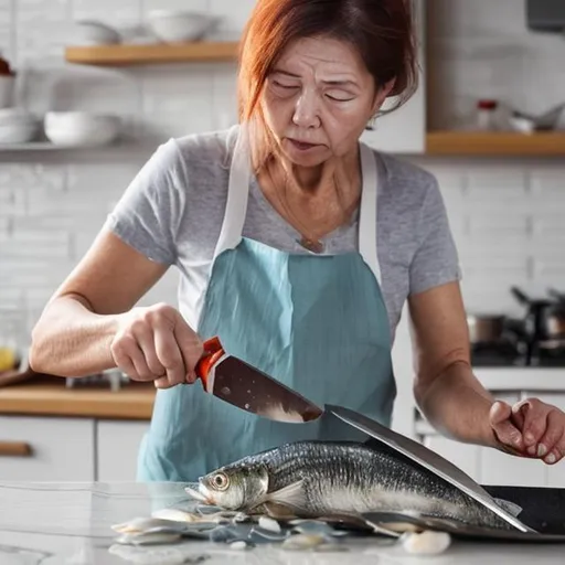 Prompt: Hot beautifulMother cleaning  fish in her kitchen with a knife  but very smallfish scales are sprying to her face because shes ùsing a knife her face reaction is anger