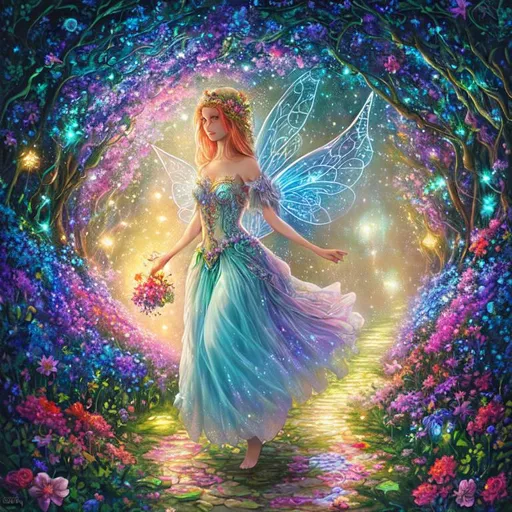 Prompt: Beautiful Fairy goddess walking through a sparkling enchanted labyrinth filled with colorful flowers at night, highres, award winning illustration, extremely detailed, painting, colorful, cute, dreamy, fantasy