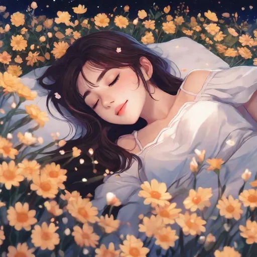 Prompt: close up shot, anime, girl, lying in a bed of flowers, headshot, deliriously happy, midnight, moonlight, dreamy filter, brunette, eyes closed
