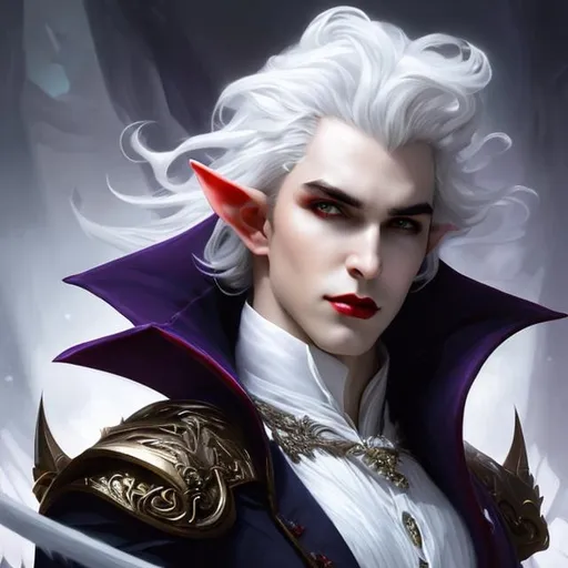 Prompt: Splash art of male vampire, elf, 30 years old, youthful, handsome, white haired man, with short wavy white hair, {WHITE eyebrows}, red eyes, suave, victorian dark clothes, purple clothes, elegant, highly detailed, intricate, smooth, sharp focus, artstation, digital painting, concept art, art by greg rutkowski, alphonse mucha and John William Waterhouse, hedonistic, decadent, sensual, dark