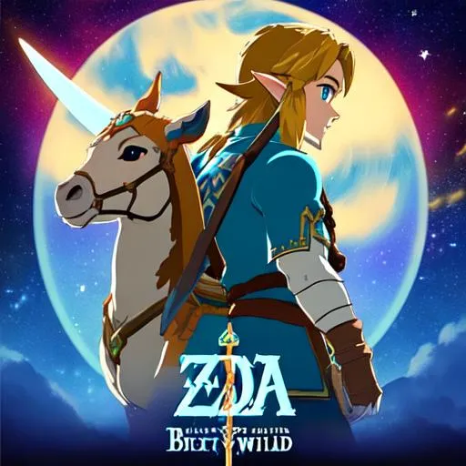 Prompt: Zelda breath of the wild with link looking over Hyrule with the sky being a galaxy with multiple planets