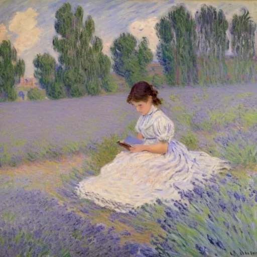 Prompt: A Claude Monet's painting of 
a girl reading on a field of lavender


