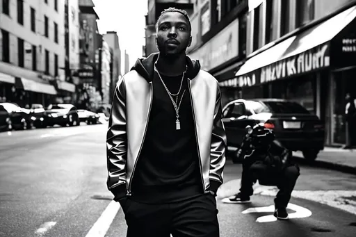 Prompt: highly realistic and detailed photograph of the famous rapper Kendrick Lamar, powerful and charismatic pose, unique style and presence, energetic and artistic facial expression, dynamic lighting, dramatic shadows and highlights,  urban-inspired background, streets of bronx, 