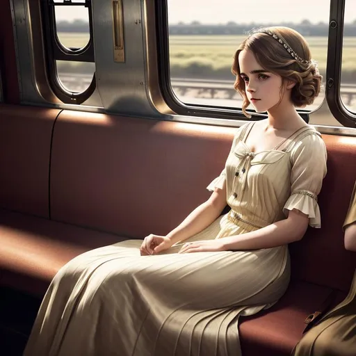 Prompt: old time photo of young emma Watson, dressed with 1920s hair, long, flowing, spring dress, sitting on train, raw photo, photorealistic, High Detail, dramatic, UHD, HDR raw photo, realistic, sharp focus, 8K high definition, insanely detailed, intricate, high quality, 