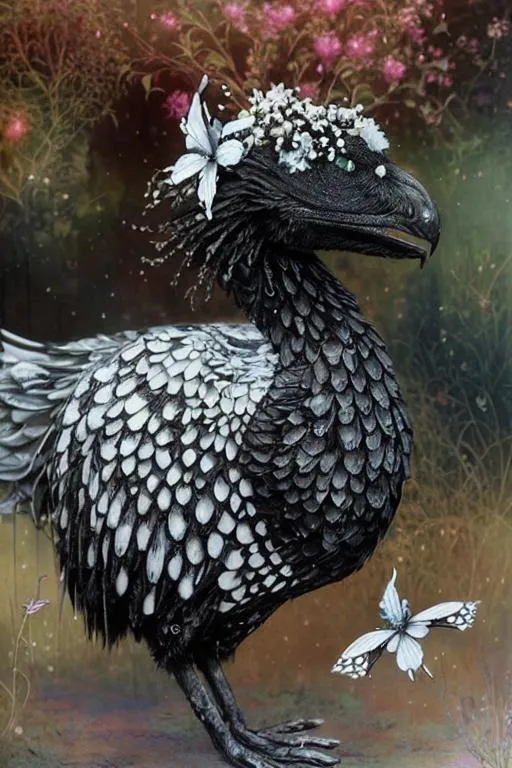 Prompt: A black and white colored chicken. Intricate details. spring garden background. Art by  jean Baptiste monge, ismail inceoglu, Victo Ngai, Sherry Akrami, Anna Dittman, Lucie Bilodeau, Laura Diehl, catrin welz-stein, Paul Delaroche. Iridescent colors. Shimmer. Highly detailed. Cinematic, polished finished. 3d.  