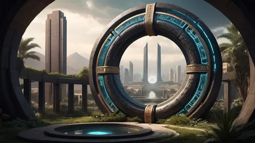 Prompt: magical portal between cities realms worlds kingdoms, circular portal, ring standing on edge, upright ring, freestanding ring, hieroglyphs on ring, complete ring, ancient babylonian architecture, gardens, turned sideways view, futuristic cyberpunk tech-noir setting