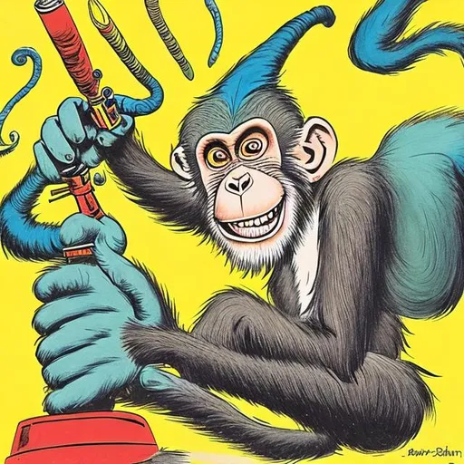 Prompt: dr seuss style picture of a monkey shooting a gun