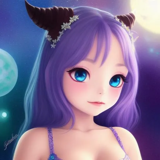 Prompt: Cute and adorable demon girl, fantasy, dreamlike, surrealism, super cute, adorable, round, trending on artstation, stars and galaxys digital art soft, g cup chest, bra, close-up, upper body