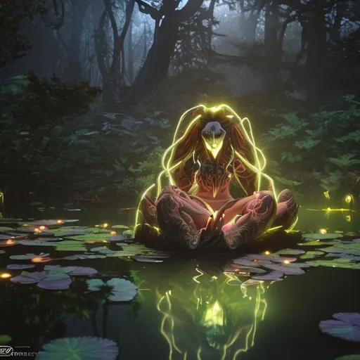 Prompt: A wyvrn that glows sitting in the middle of a pond in the woods
