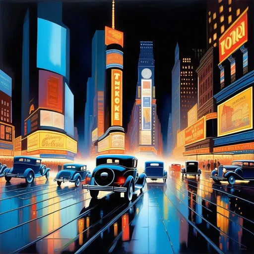Prompt: 1930s, Times Square at night, neon, car chase, rain, fog, cold blue atmosphere, cartoony style, extremely detailed painting by Greg Rutkowski and by Henry Justice Ford and by Steve Henderson 

