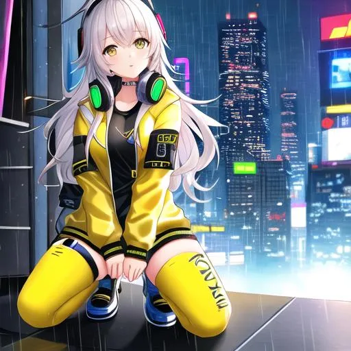 Prompt: high detailed, full body, girl character, cyberpunk city, rain, yellow jacket, white hair, headphones, cute, 

