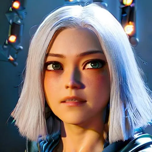 Prompt: A beautiful realistic characters Alita from Alita: Battle Angel, white hair, asian face, full body, blue light hoodie, cute face and high texture, high detail, intricate, elegant, sharp focus, digital painting, shoulder length hair, no mask,  makeup, big webs in the background,  perfect face, ultra-realistic, unreal engine 8k octane, 3d lighting, UHD, HDR, 8K, fire effect, perfect face, full body.