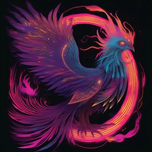 Prompt: Hypnotic illustration of a phoenix, hypnotic psychedelic art, pop surrealism, dark glow neon paint, mystical, Behance 
