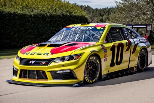 Prompt: No wing, Next Gen Nascar stock car, spoiler on trunk, red and yellow color scheme