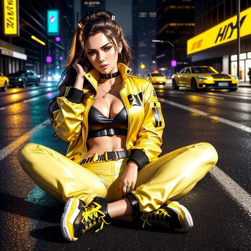 Prompt: ((photorealistic)), ((hyperrealistic)) Capture a highly detailed image of a young woman lying on the asphalt, with her arms behind her head and legs crossed. She should be surrounded by a large multitude of bullet casings of various calibers. The woman should be dressed in a cyberpunk-style outfit, wearing a high-collar yellow jacket. There should be neon lights reflecting in a few puddles on the ground. The scene should be viewed from above.


The image should be of the highest professional photographic quality, with a resolution of 128k. Focus on capturing the detailed features of the woman's face, including her eyes and skin texture, as well as the realistic lighting and texture of the asphalt and bullet casings.


Ensure that the background of the image is extremely detailed, showcasing the cyberpunk aesthetics with neon lights and the reflection of those lights in the puddles. The lighting should be realistic, enhancing the mood and atmosphere of the scene.


Position the woman prominently on the asphalt, ensuring that the image is centered. Emphasize capturing the juxtaposition of her relaxed pose against the chaotic surroundings of the bullet casings, conveying a sense of intrigue and mystery.

