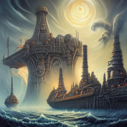 Prompt:  fantasy art style, painting, pipes, tubes, nuclear reactor, power plants, nuclear fusion, nuclear power, nuclear weapons, nuclear bombs, bombs, torpedoes, misiles, concrete, smog, fog, evil, misiles launching, warship, naval ship, boat, deep ocean, waves