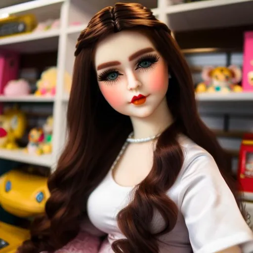 Prompt: A woman turned into a porcelain doll, sitting on a doll-shelf.