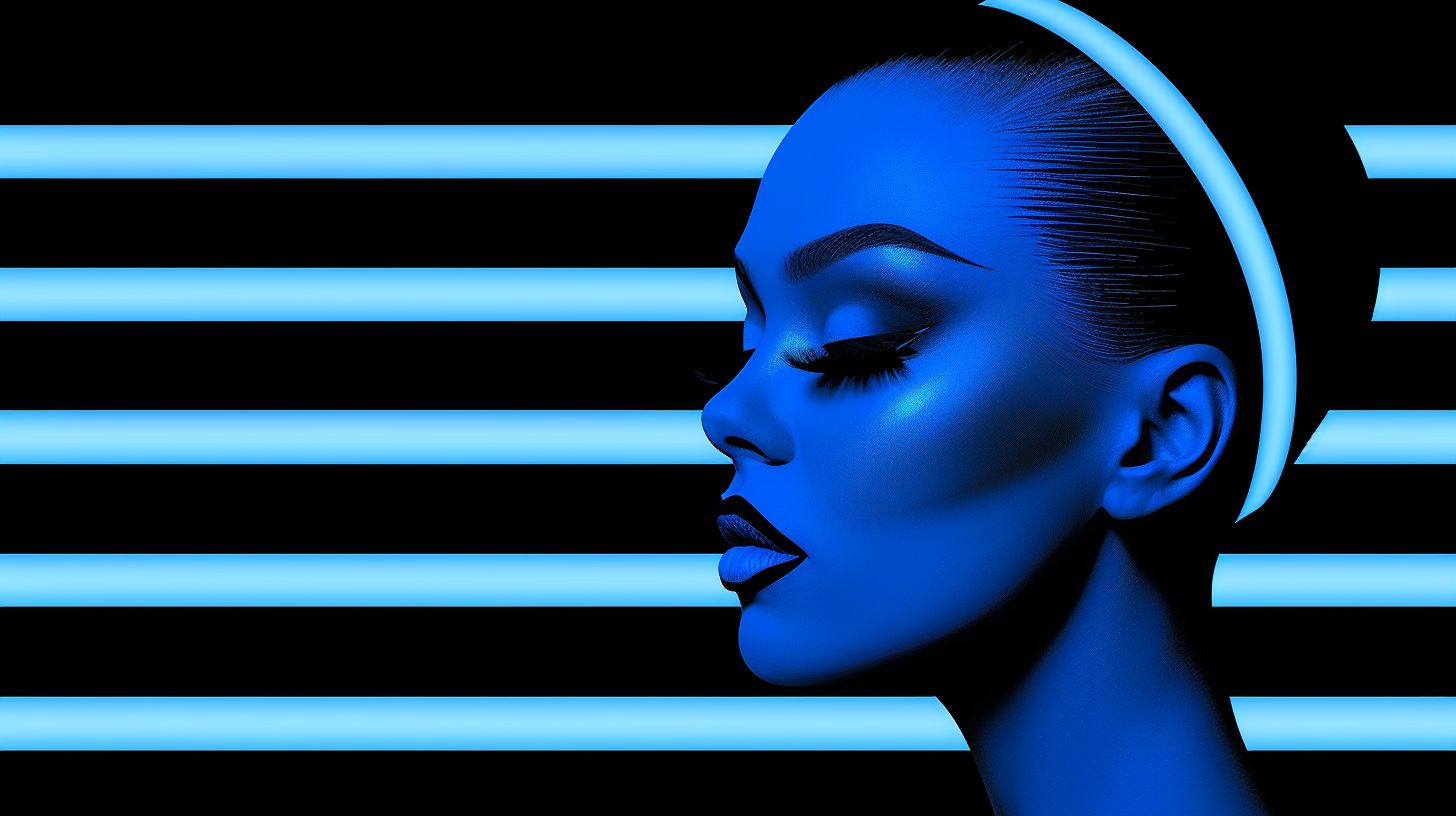 Prompt: Her silhouette against a backdrop of intersecting black bars, in a mix of airbrush and digital art, bronze and navy blue, neon grids of holographic glass, echoing Taras Loboda, elegant beauty, geometric grid