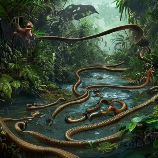 Prompt: dense jungle, squid, anaconda, mud