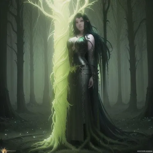 Prompt: Vines growing from a Druids heart through her body into a dead tree brining it back to life, a masterpiece, dark fantasy concept art, dynamic lighting, hyperdetailed, intricately detailed, Splash screen art, deep color, Unreal Engine, volumetric lighting, Alphonse Mucha, Jordan Grimmer, Green and Black complementary colours